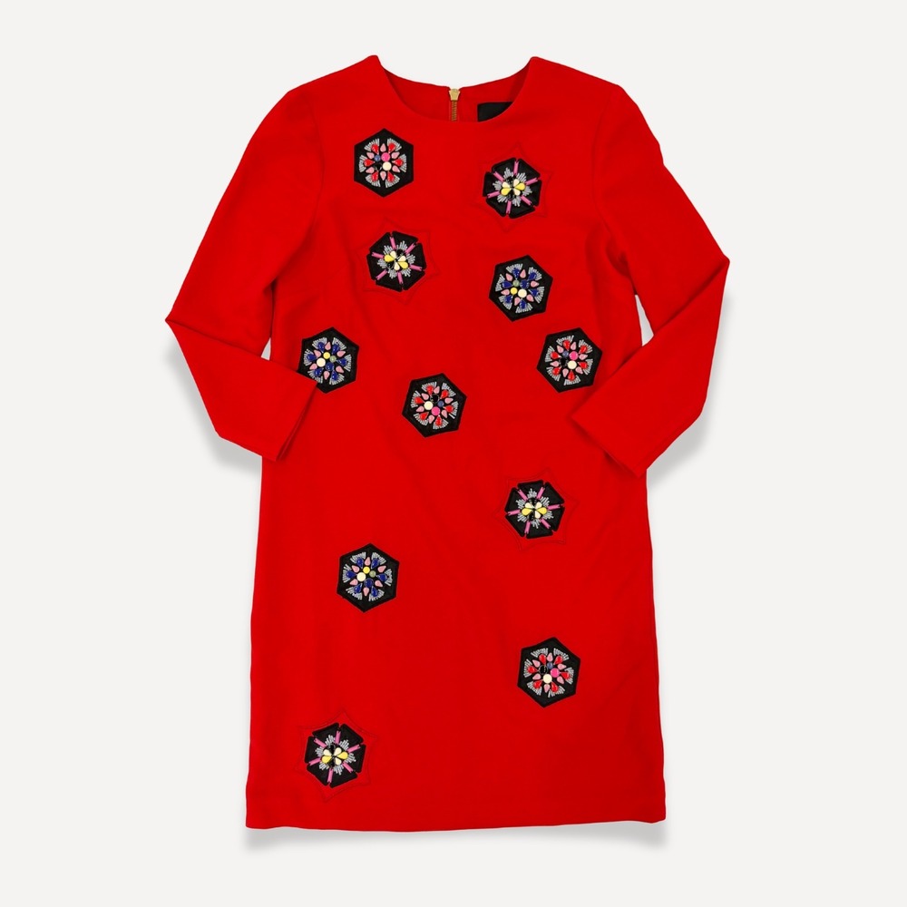 Cynthia Rowley Tomato Red Embellished Shift Dress 2 Jeweled Holiday Maximalist